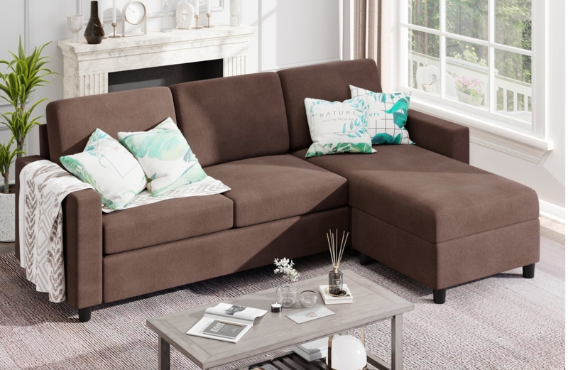 Sectional Sofa with Chaise Lounge in Chocolate Brown Fabric