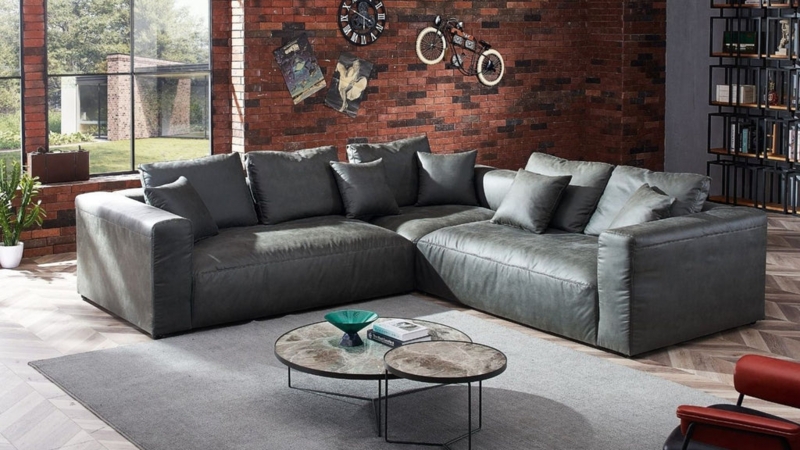 Sectional Sofa with Leather-Like Finish, Industrial Loft Style
