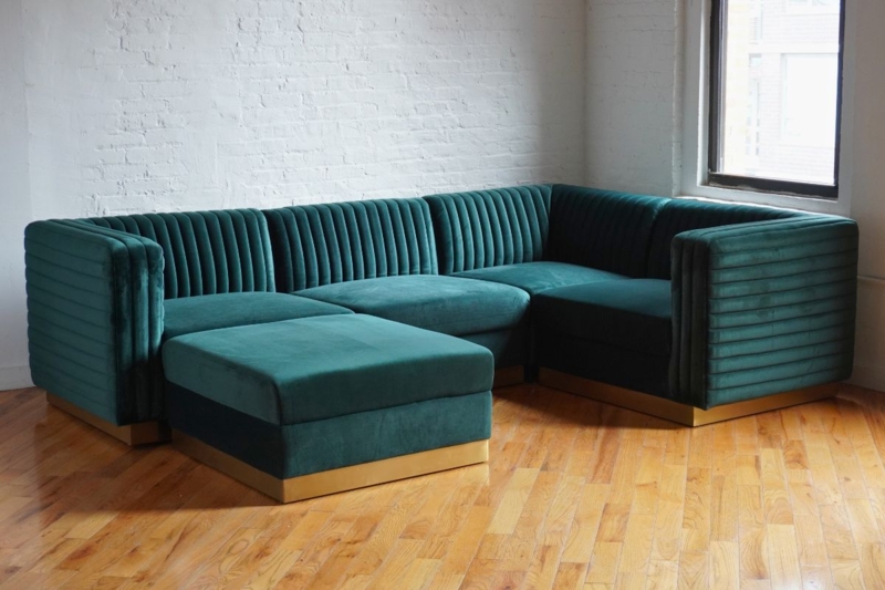 Sectional Sofa with Vertical Channel Tufting and Gold Plinth Base