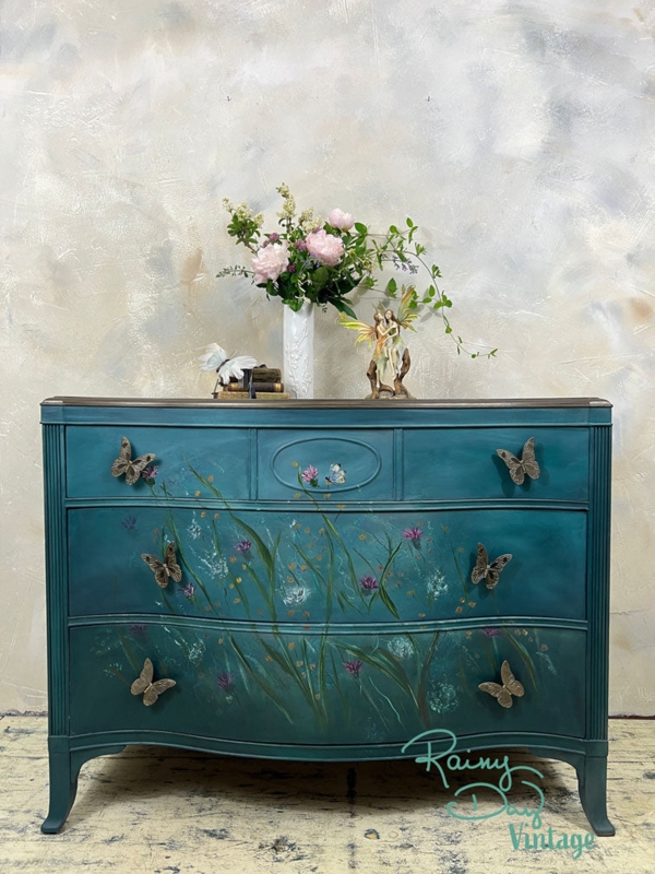 Serpentine Dresser with Wildflower Mural and Butterfly Pulls