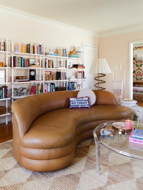 Serpentine Sofa Camel Tan Tiered Base Postmodern Eclectic Style