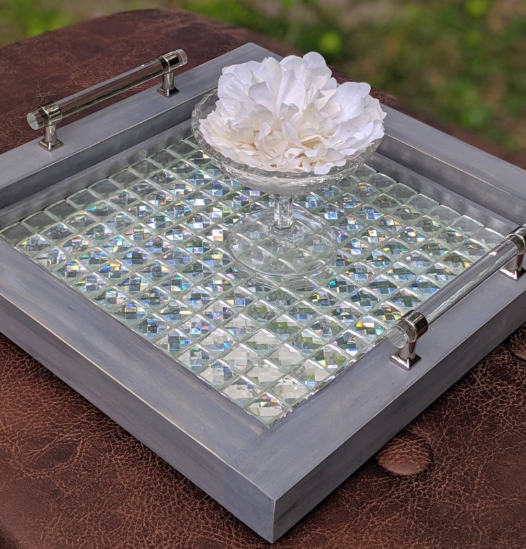 Serving Tray, Gray Wood, Clear Acrylic Handles, Mirror Mosaic Tile Base
