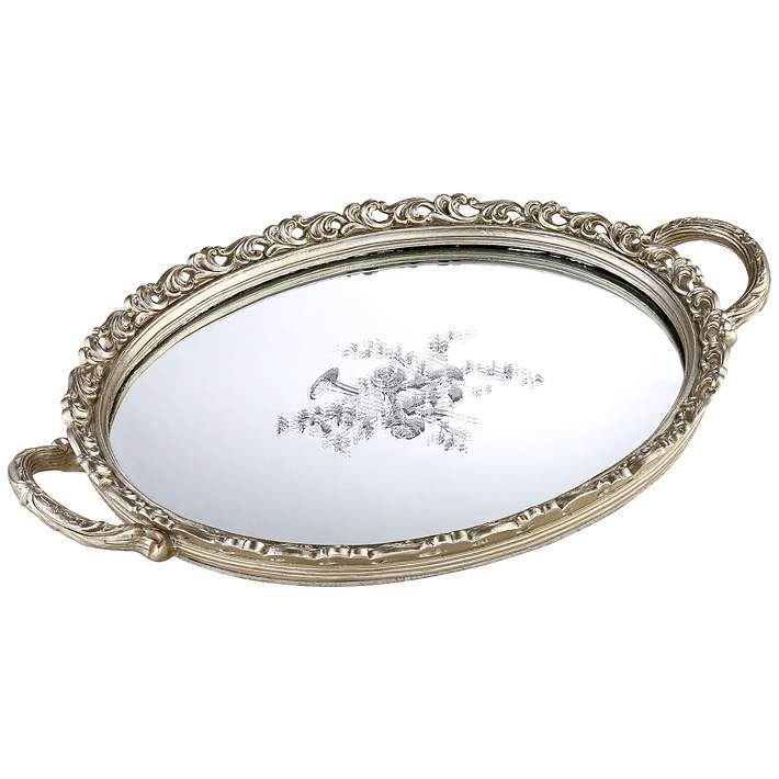 Serving Tray, Oval, Champagne Silver, Etched Floral Motif, Ornate Scrollwork