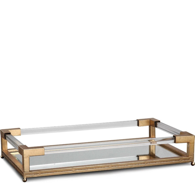 Serving Tray, Rectangular, Antique Gold, Clear Side Rails, Ball Feet