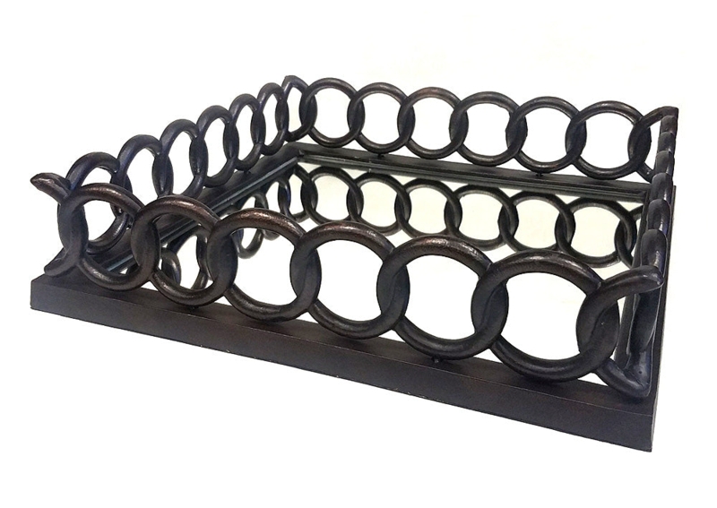Serving Tray, Square, Dark Bronze, Interlocking Rings, Mirrored Base