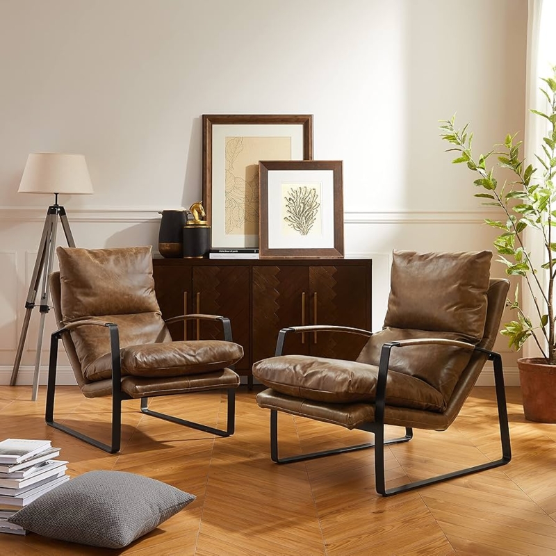 Set of 2 Accent Chairs with Slouchy Cushions and Metal Frames