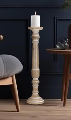 SET OF 2 Rustic Antique Carved Wooden Pillar Church Candle Holder Natural  XX Large 61 cm