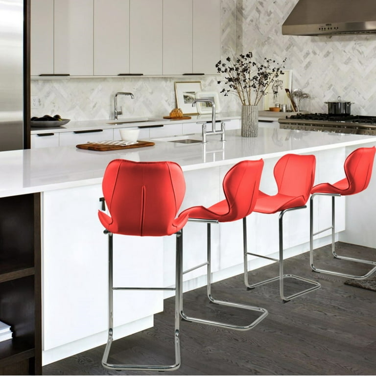 Set of Bar Stools with Cantilever Base and Curved Back in Red