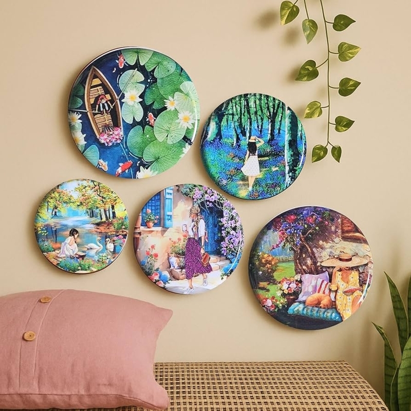 Set of Five Wall Art Plates with Slice of Life Narrative Illustrations
