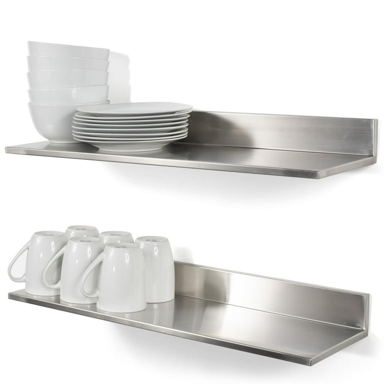 Set of Two Brushed Stainless Steel Floating Shelves, Industrial Style
