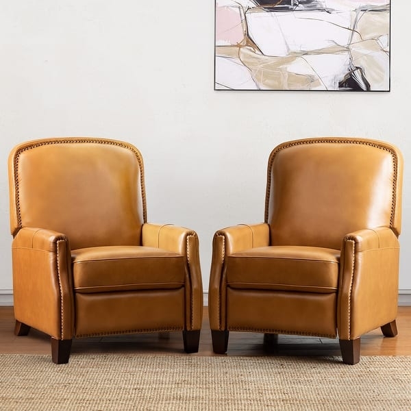 Set of Two Camel Leather Recliners with Curved Backs