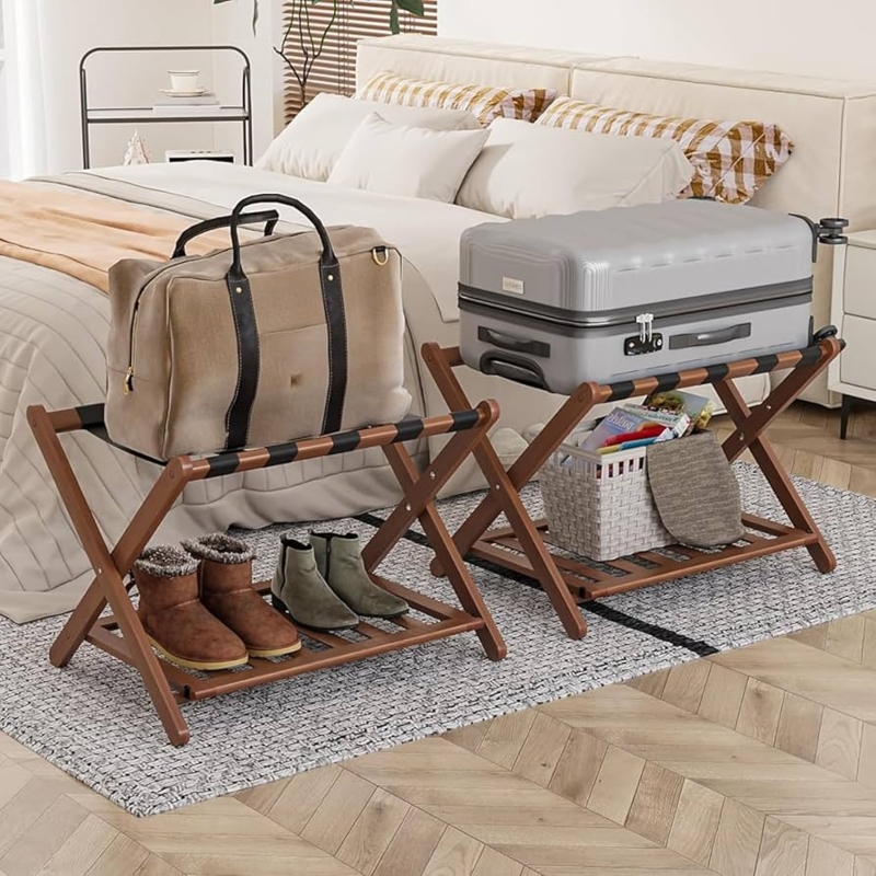 Set of Two Folding Walnut Luggage Racks with Integrated Shoe Shelves