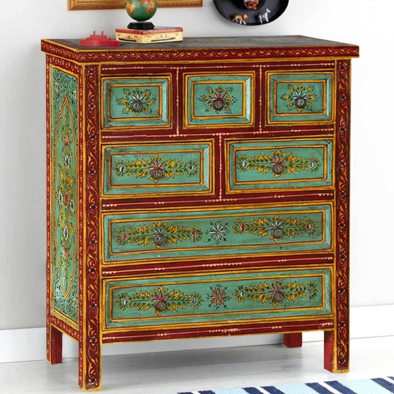 Seven Drawer Chest in Mango Wood with Teal and Red Floral Motifs
