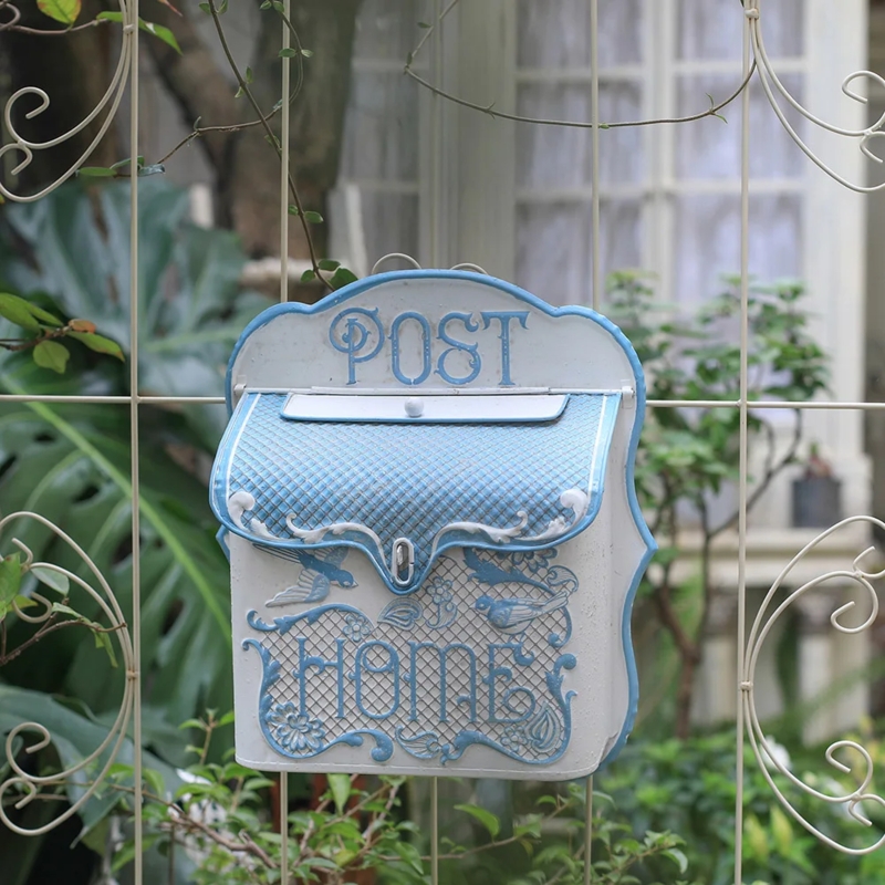 Shabby Chic Wall Mailbox Embossed Birds Scalloped Edges Cornflower Blue