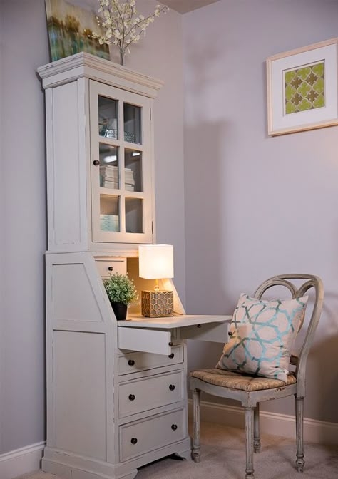 Shabby Chic Writing Desk: Glass Hutch, Tiered Drawers, Distressed White