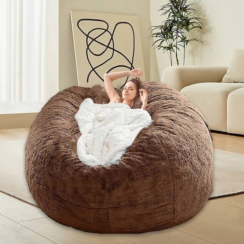 Shaggy Faux Fur Bean Bag Chair Oversized Round 6ft Brown