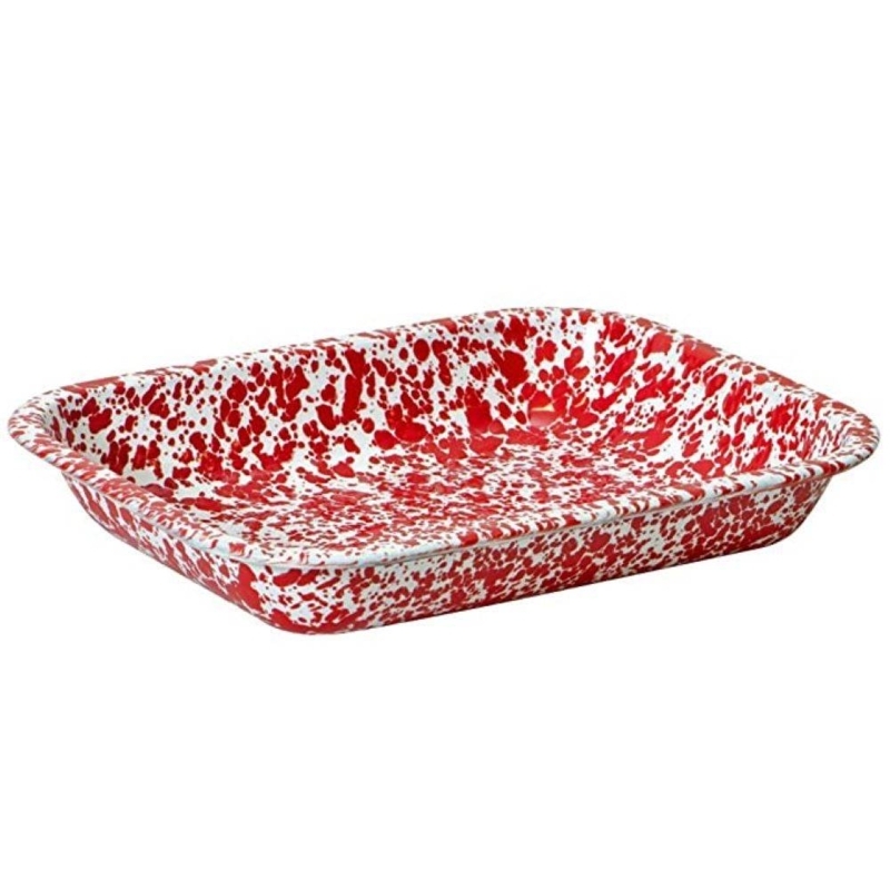 Shallow Roasting Pan Red Splatter Pattern Flared Rim