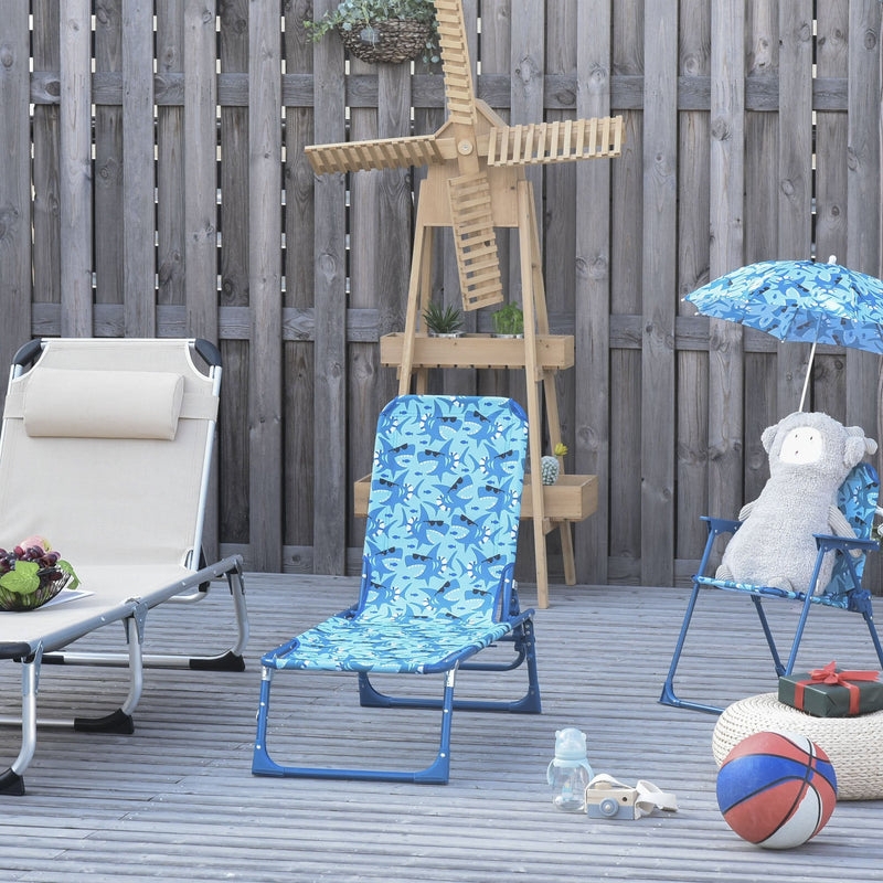Shark Print Kids Lounger Foldable Blue Metal Portable Recliner