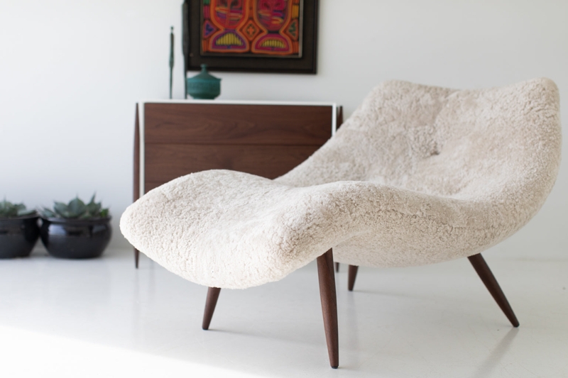Shearling Upholstered Chaise Lounge with Wavy Silhouette