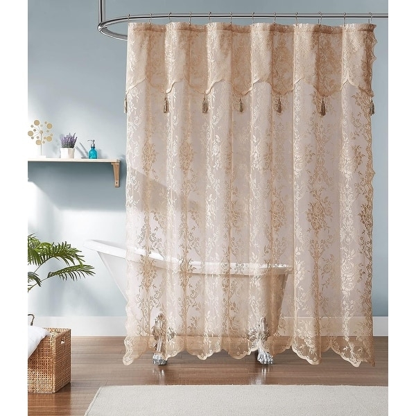 Sheer Lace Shower Curtain Champagne Gold Valance Tassel Accents Vintage