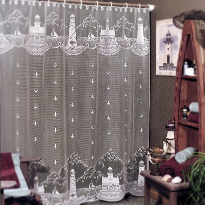 Sheer Lace Shower Curtain Cream Lighthouse Border Nautical Cottage Decor