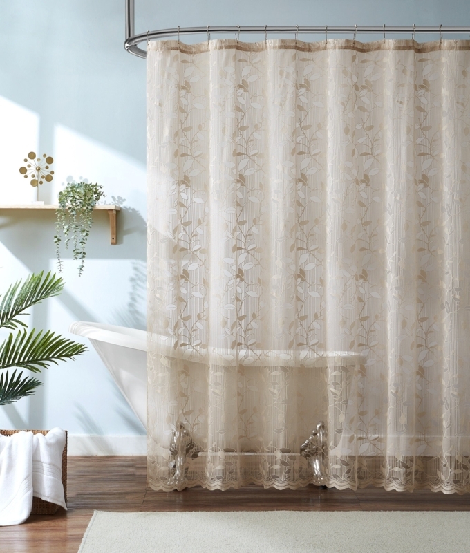 Sheer Lace Shower Curtain Linen Beige Botanical Leaf Pattern Cottagecore