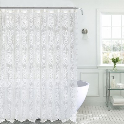 Sheer Lace Shower Curtain Off White Floral Damask Motif Scalloped Hem