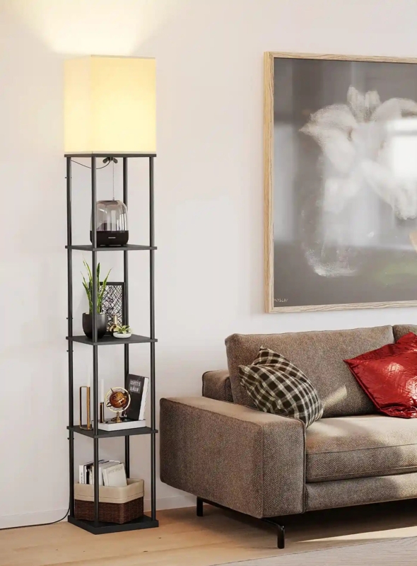 Shelf Floor Lamp: 5-Tier Structure, Functionalist Decor, Warm Beige Shade