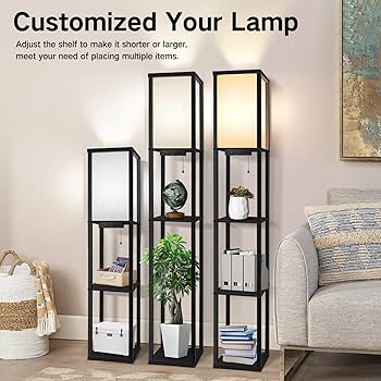 Shelf Floor Lamp: Adjustable Height Frame, Rectangular Fabric Shades