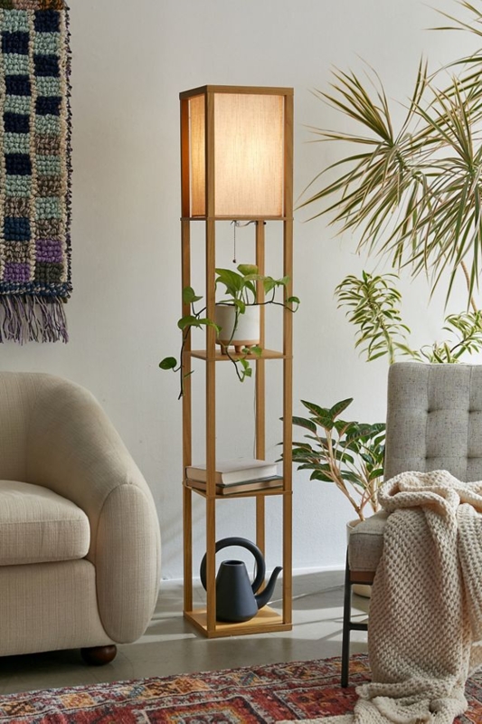 Shelf Floor Lamp: Box Shade, Bohemian Mid-Century Style, Warm Brown Wood