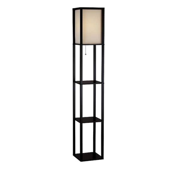 Shelf Floor Lamp: Column Frame Design, Warm Cream Shade, Pull Chain