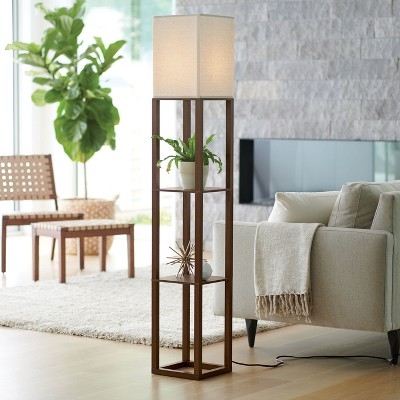 Shelf Floor Lamp: Dual Purpose Furniture, Walnut Brown Square Column