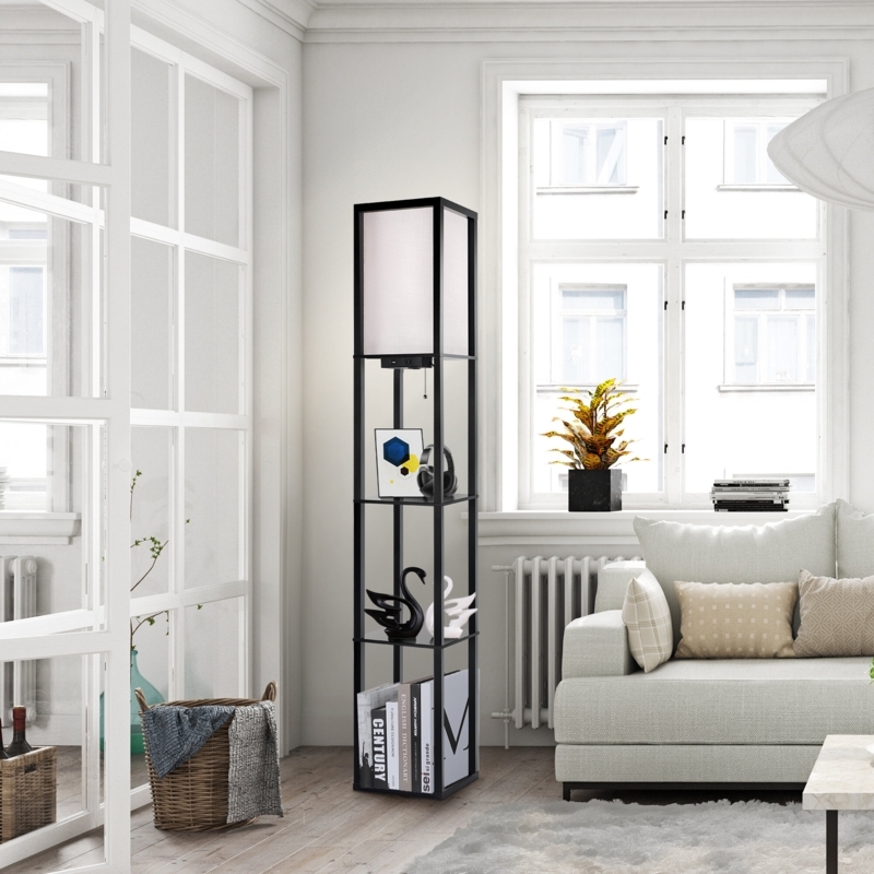 Shelf Floor Lamp: Integrated Charging Ports, Scandinavian Column Design