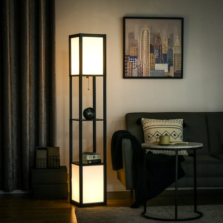 Shelf Floor Lamp with Dual Light Source, Matte Black Frame, Square Profile