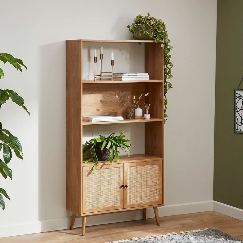 Shelving Unit: Rattan Cane Panels, Tapered Legs, Mid Century Boho Style