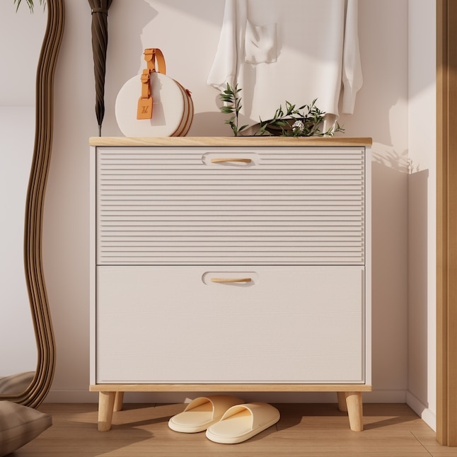 Shoe Cabinet: Creamy White with Ribbed Texture Flip Drawer