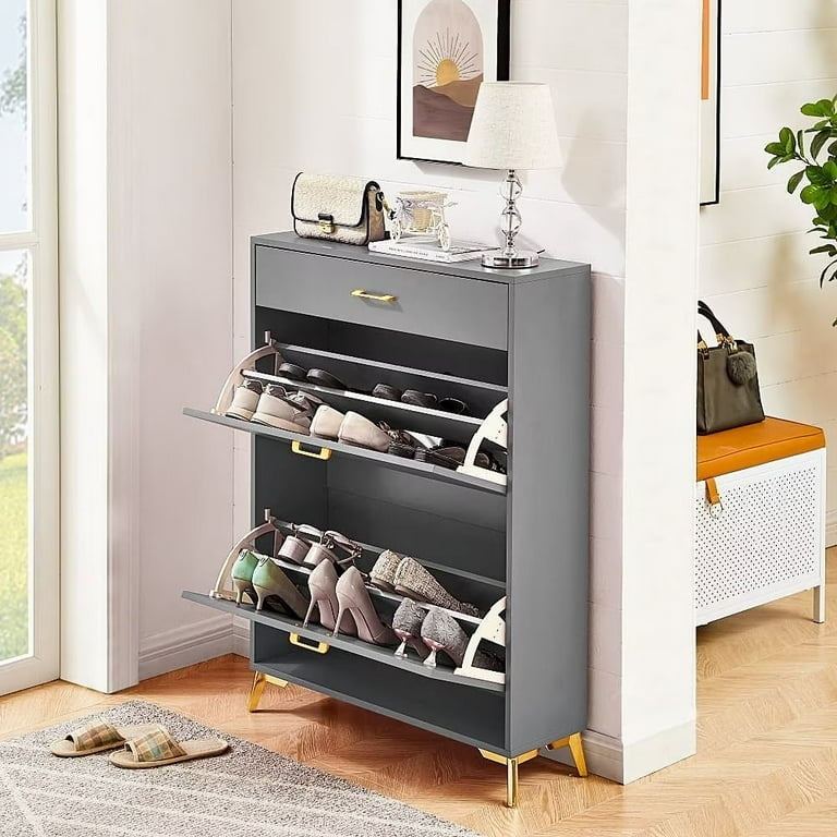 Shoe Cabinet: Modern Glam Charcoal Gray with Gold Tapered Legs