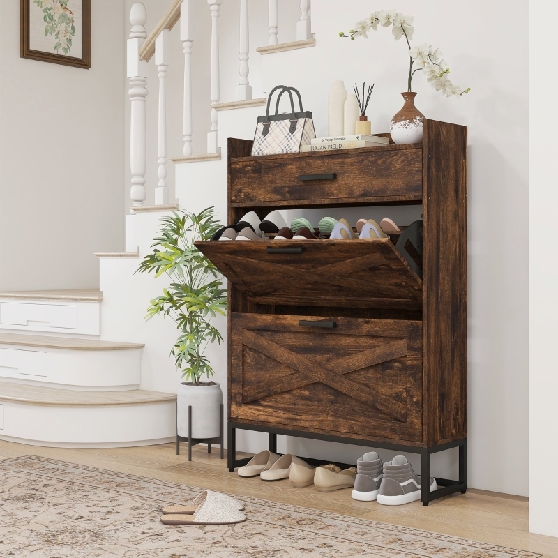Shoe Cabinet: Rustic X-Brace Accents with Flip Drawers & Metal Base