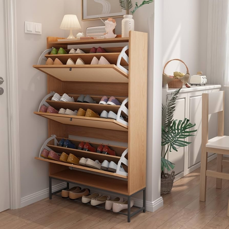 Shoe Cabinet: Scandi Natural Oak with Open Bottom Shelf & Tilting