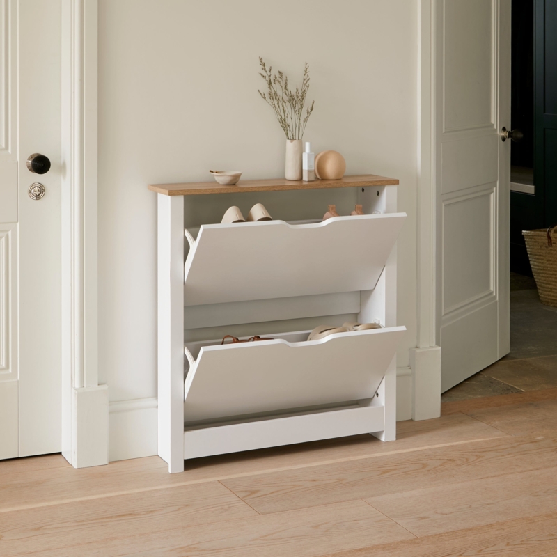 Shoe Cupboard: Crisp White Two Door with Wood-Toned Top Surface