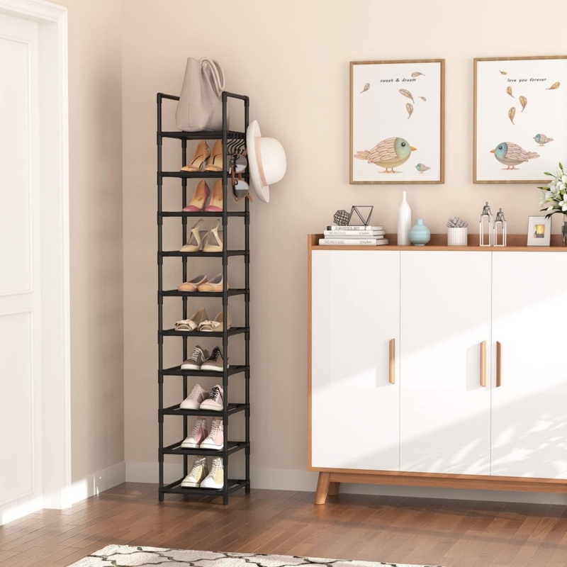 Shoe Rack: Matte Black Metal 10-Tier with Integrated Side Hooks