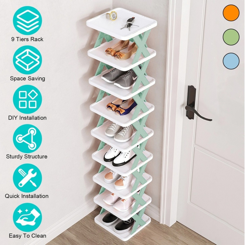 Shoe Rack: Nine-Tier Plastic Tower with Mint Green Accents, Vertical