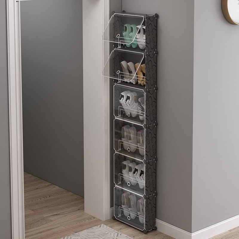 Shoe Rack Organizer: Black Patterned Plastic with Flip-Up Doors
