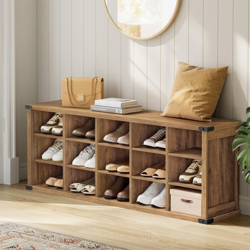 Shoe Storage Bench Honey Brown with 15 Cubbies and Metal Accents