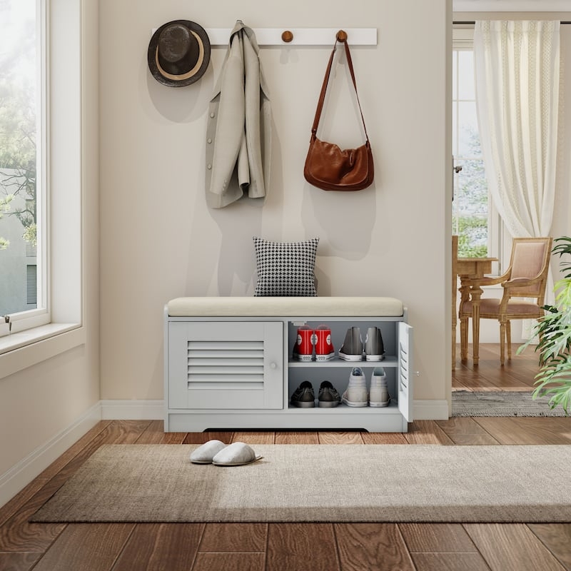 Shoe Storage Bench Soft Grey Finish with Slatted Cabinet Door