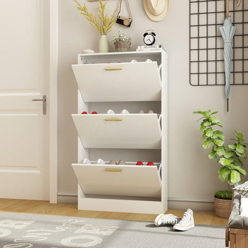 Shoe Storage Cabinet: Modern Matte White with Gold Hardware Accents