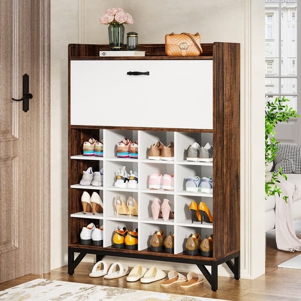 Shoe Storage Cabinet: Walnut and White Cubby Shelving Organizer