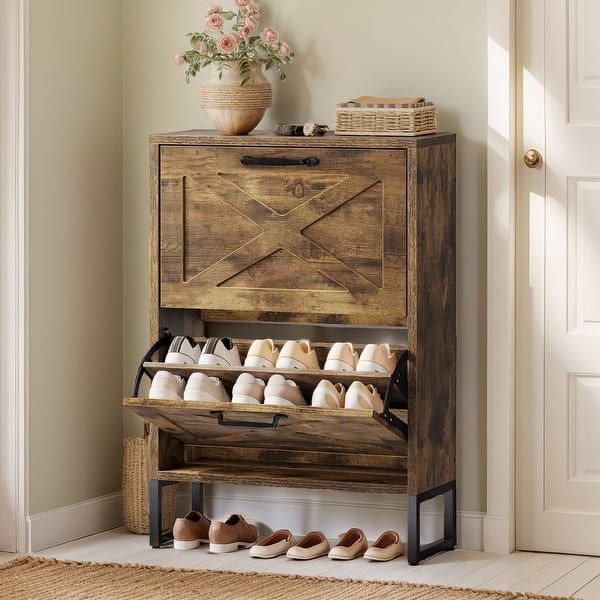 Shoe Storage Cabinet with Barn Door Motif: Farmhouse Flip Drawer