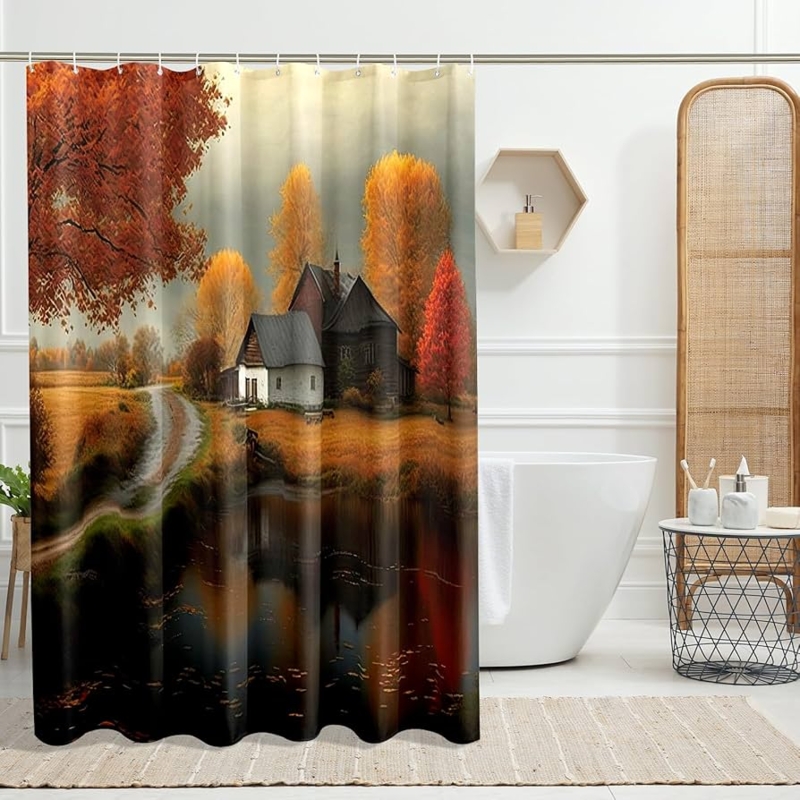 Shower Curtain Autumn Cabin Scenic Landscape Print Orange Foliage