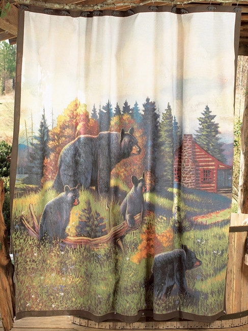Shower Curtain Bear Family Print Wildlife Mural Rustic Lodge Decor